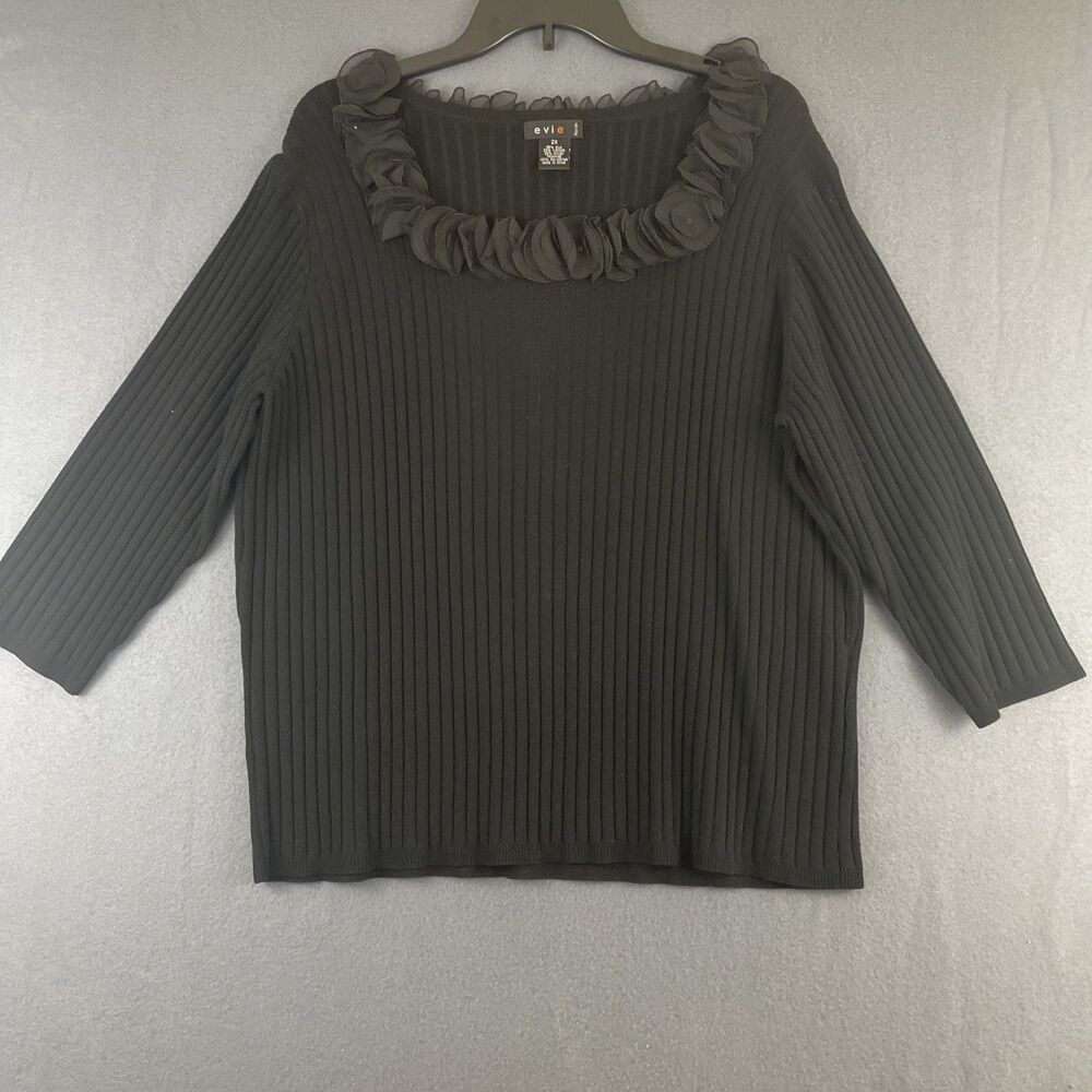 Evie Women Black Squared Ruffled Neck Long Sleeve Silk blend Knitted Sweater 2X